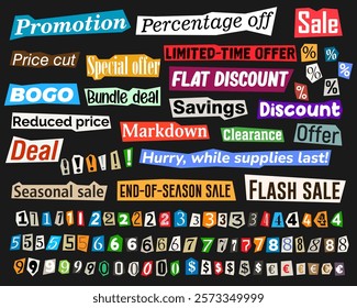 Paper cut from newspapers and magazine notice. Colorful collage of sales and discount tags with bold typography and vibrant design on a dark background. Vector illustration.