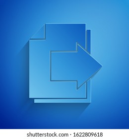 Paper cut Next page arrow icon isolated on blue background. Document file with arrow. Send document. Paper art style. Vector Illustration
