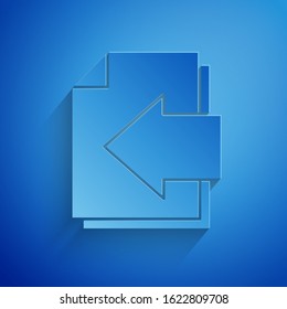 Paper cut Next page arrow icon isolated on blue background. Document file with arrow. Send document. Paper art style. Vector Illustration