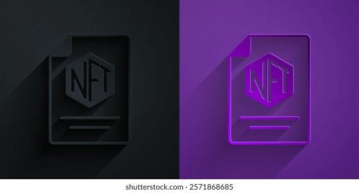 Paper cut NFT contract icon isolated on black on purple background. Non fungible token. Digital crypto art concept. Paper art style. Vector