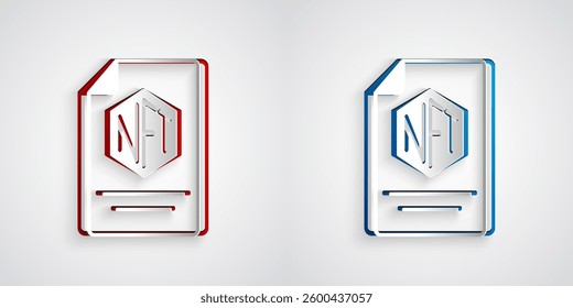 Paper cut NFT contract icon isolated on grey background. Non fungible token. Digital crypto art concept. Paper art style. Vector