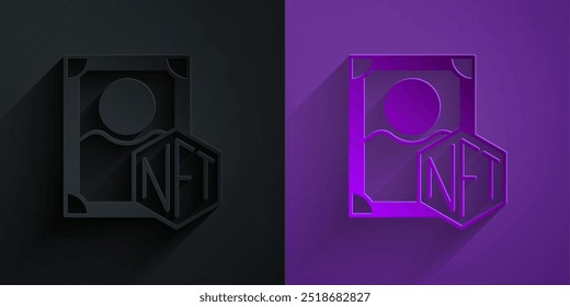 Papierschnitt NFT Digitales Kryptografiesymbol einzeln auf schwarz auf violettem Hintergrund. Nicht fungibler Token. Papierkunststil. Vektorgrafik