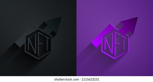 Paper cut NFT growth bar chart icon isolated on black on purple background. Non fungible token. Digital crypto art concept. Paper art style. Vector