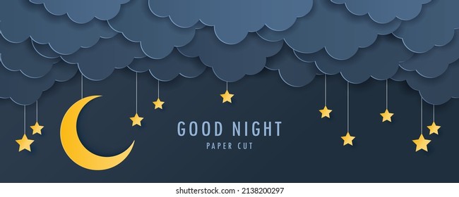 Papel cortado de nubes nocturnas y luna creciente con estrellas de fondo oscuro. Sueño dulce y concepto de Buenas Noches. Tarjeta de felicitación para la ducha de bebé. Ilustración vectorial. 