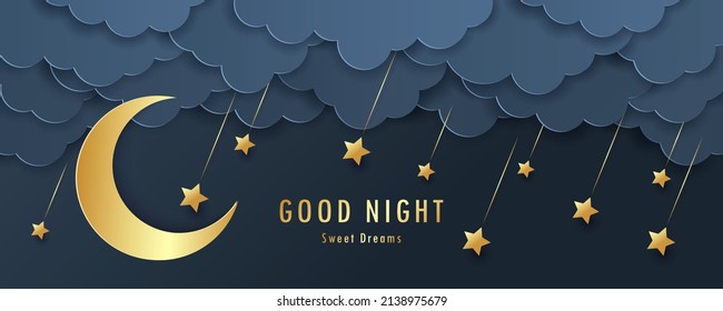 Paper cut of night clouds and crescent moon with shooting star on dark blue background. Sweet dream and Good night concept. Baby shower greeting card. Vector illustration. 