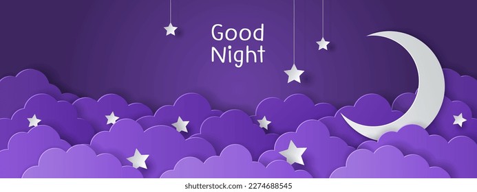 Paper cut of night clouds and crescent moon with stars on dark background. Sweet dream and Good night concept. Baby shower greeting card. Vector illustration. 