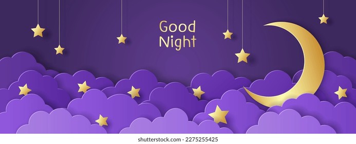 Paper cut of night clouds and crescent moon with stars on dark background. Sweet dream and Good night concept. Baby shower greeting card. Vector illustration. 