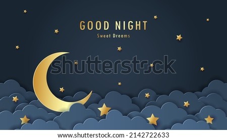 Paper cut of night clouds and crescent moon with shooting star on dark blue background. Sweet dream and Good night concept. Baby shower greeting card. Vector illustration. 