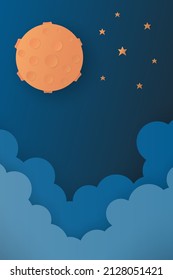 Paper cut night sky. Dreamy background with orange planet and clouds, abstract fantasy background. Vector origami styling design backdrop illustration.