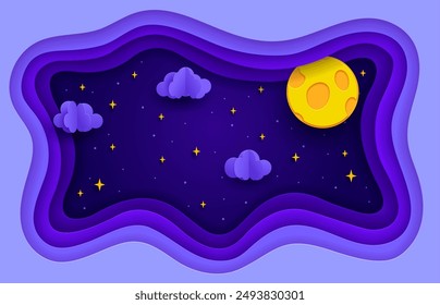 Papier geschnitten Nacht Himmel Mond, Wolken und Sterne. 3D-Vektorgrafik-geschichteter Papierschnitt-Rahmen mit verträumtem und magischem Nachthintergrund mit funkelnden Glitzern und Tiefen- und Maßeffekt