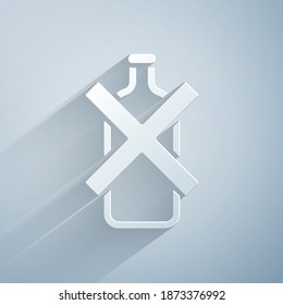Paper cut No alcohol icon isolated on grey background. Prohibiting alcohol beverages. Forbidden symbol with beer bottle glass. Paper art style. Vector