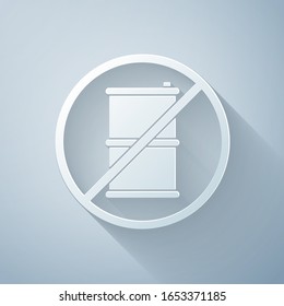 Paper cut No barrel for gasoline icon isolated on grey background. Diesel gas icon. Paper art style. Vector Illustration