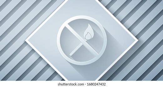 Paper cut No fire match icon isolated on grey background. No open flame. Burning match crossed in circle. Paper art style. Vector Illustration