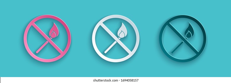 Paper cut No fire match icon isolated on blue background. No open flame. Burning match crossed in circle. Paper art style. Vector Illustration