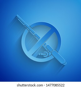 Paper cut No fishing icon isolated on blue background. Prohibition sign. Paper art style. Vector Illustration
