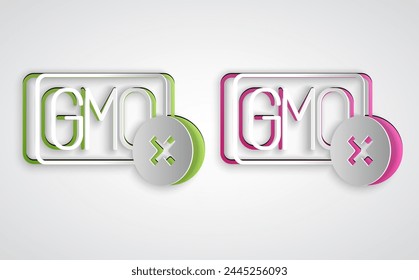 Paper cut No GMO icon isolated on grey background. Genetically modified organism acronym. Dna food modification. Paper art style. Vector