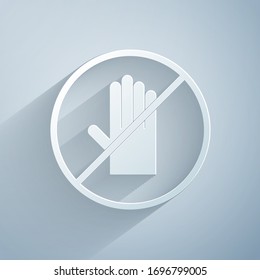 Paper cut No handshake icon isolated on grey background. No handshake for virus prevention concept. Bacteria when shaking hands. Paper art style. Vector Illustration