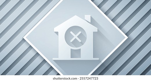 Paper cut No house icon isolated on grey background. Real estate agency or cottage town elite class. Paper art style. Vector
