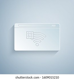 Paper cut No Internet connection icon isolated on grey background. No wireless wifi or sign for remote internet access. Paper art style. Vector Illustration