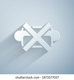 Paper cut No junk food icon isolated on grey background. Prohibited hot dog. No Fast food sign. Paper art style. Vector