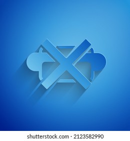 Paper cut No junk food icon isolated on blue background. Prohibited hot dog. No Fast food sign. Paper art style. Vector