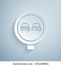 Paper cut No overtaking road traffic icon isolated on grey background. Traffic rules and safe driving. Paper art style. Vector