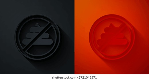 Papel cortado No hay icono de mierda aislado sobre fondo negro y rojo. Estilo de arte de papel. Vector