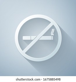 Paper cut No Smoking icon isolated on grey background. Cigarette symbol. Paper art style. Vector Illustration
