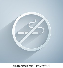 Paper cut No Smoking icon isolated on grey background. Cigarette symbol. Paper art style. Vector