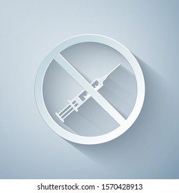 Paper cut No vaccine icon isolated on grey background. No syringe sign. Vaccination, injection, vaccine, insulin concept. Paper art style. Vector Illustration