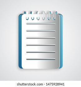 Paper cut Notebook icon isolated on grey background. Spiral notepad icon. Writing pad. Diary for business. Notebook cover design. Paper art style. Vector Illustration