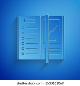 Paper cut Notebook icon isolated on blue background. Spiral notepad icon. Writing pad. Diary for business. Notebook cover design. Paper art style. Vector Illustration
