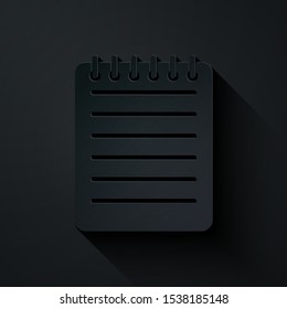 Paper cut Notebook icon isolated on black background. Spiral notepad icon. Writing pad. Diary for business. Notebook cover design. Paper art style. Vector Illustration
