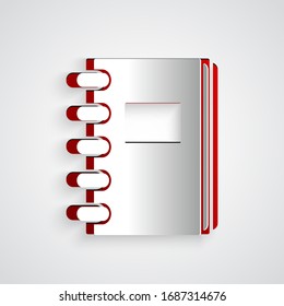 Paper cut Notebook icon isolated on grey background. Spiral notepad icon. School notebook. Writing pad. Diary for school. Paper art style. Vector Illustration