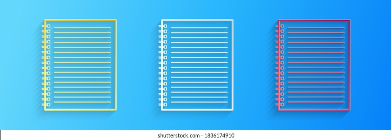 Papier geschnittenes Notebook einzeln auf blauem Hintergrund. Spiral Notizblock. Schulheft. Schreibpad. Notebook-Cover-Design. Bürobedarf. Kunststil aus Papier. Vektorgrafik.