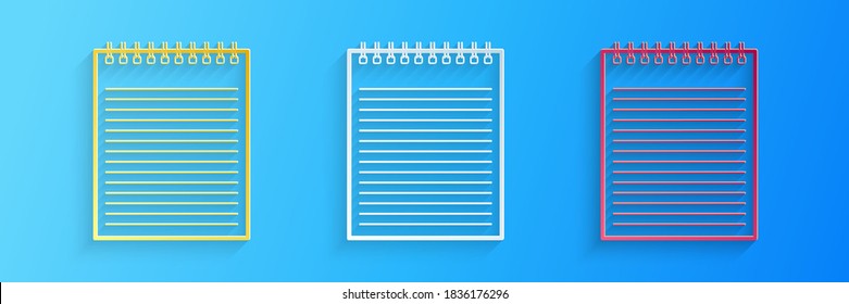 Paper cut Notebook icon isolated on blue background. Spiral notepad icon. School notebook. Writing pad. Diary for business. Notebook cover design. Paper art style. Vector.