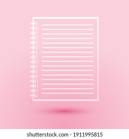 Paper cut Notebook icon isolated on pink background. Spiral notepad. School notebook. Writing pad. Notebook cover design. Office stationery items. Paper art style. Vector.