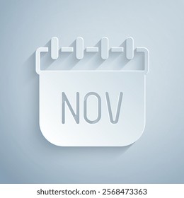 Paper cut November calendar autumn icon isolated on grey background. Paper art style. Vector