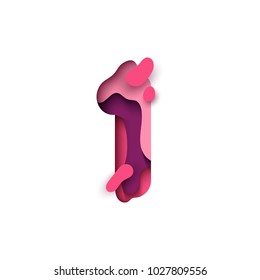 Paper cut number 1, figure one. Design 3d sign isolated on white background. Alphabet font of melting liquid.