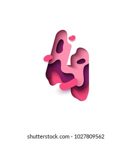 Paper cut number 4, figure four. Design 3d sign isolated on white background. Alphabet font of melting liquid.