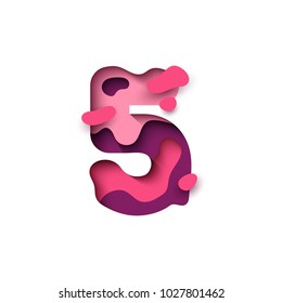 Paper cut number 5, figure five. Design 3d sign isolated on white background. Alphabet font of melting liquid.