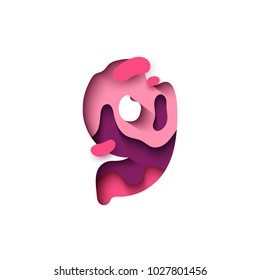 Paper cut number 9, figure nine. Design 3d sign isolated on white background. Alphabet font of melting liquid.