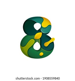Papierschnitt Nummer acht Logo. Ebenenschnitzereien-Stileffekt-Symbol. Grünes Origami-Element perfekt für Agraretiketten, umweltfreundliches Lebensmitteletikett, Landschaftspopster und Gartenidentität, etc.