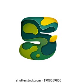 Paper cut number five logo. Layer carving style effect icon. Green origami element perfect for agriculture labels, eco friendly food emblem, landscape posters and garden identity, etc.