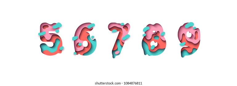 Paper cut number five, six, seven, eight, nine, figure 5, 6, 7, 8, 9. Design 3d sign isolated on white background. Alphabet font of melting liquid.