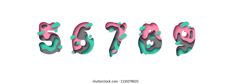 Paper cut number five, six, seven, eight, nine, figure 5, 6, 7, 8, 9. Design 3d sign isolated on white background. Alphabet font of melting liquid.