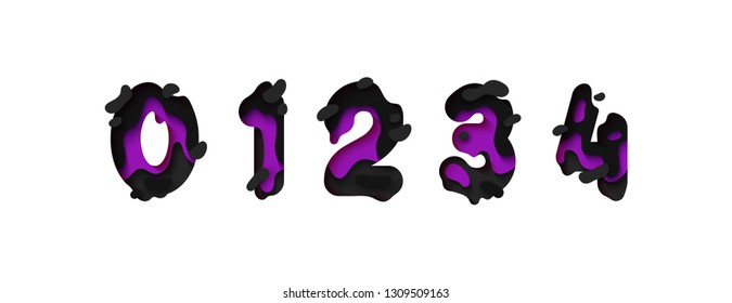 Paper cut number five, six, seven, eight, nine, figure 0, 1, 2, 3, 4. Design 3d sign isolated on white background. Alphabet font of melting liquid.