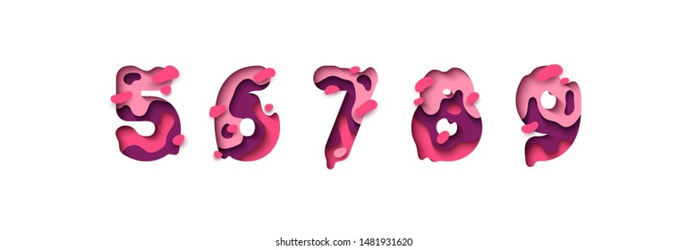 Paper cut number five, six, seven, eight, nine, figure 5, 6, 7, 8, 9. Design 3d sign isolated on white background. Alphabet font of melting liquid.
