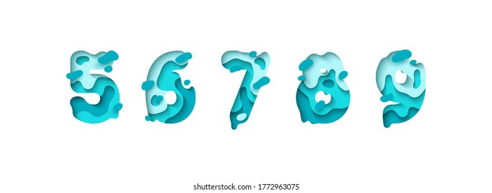 Paper cut number five, six, seven, eight, nine, figure 5, 6, 7, 8, 9. Design 3d sign isolated on white background. Alphabet font of melting liquid.