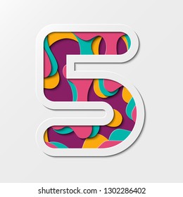 Paper cut Number Five Symbol (5). Realistic 3D multi layers paper cut effect isolated on white background.